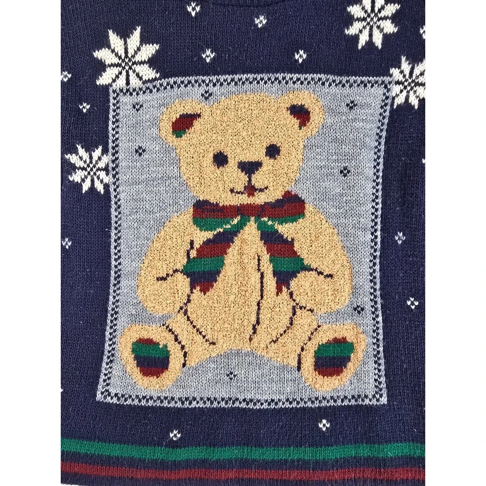 Vintage 90s Basic Editions Knit Sweater Kids 6/6X Navy Blue Teddy Bear Christmas